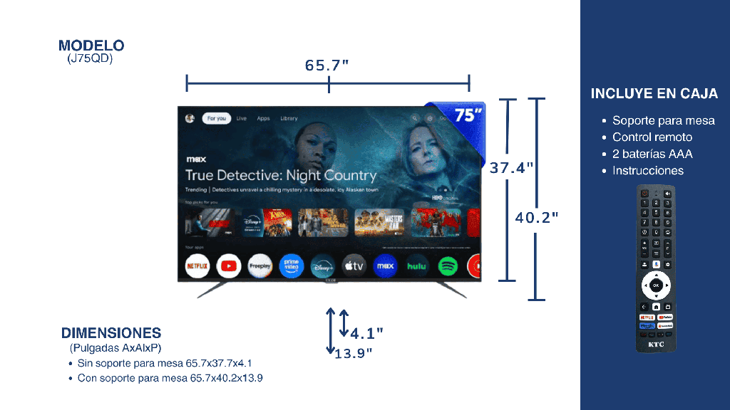 TELEVISOR KTC 75" SMART 4K UHD/QLED/HDMIx3/USBx2/AND11/GOOGLE TV (J75QD)