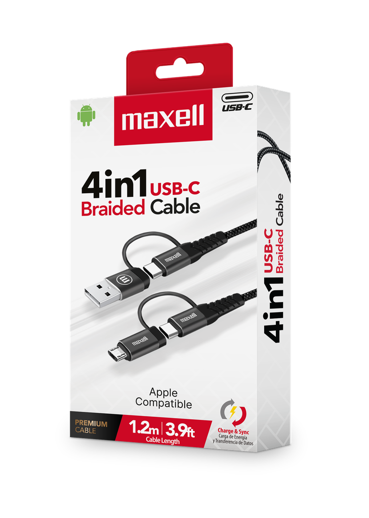 CABLE MAXELL 3.9FT MULTI 4 IN 1 MICRO USB/LIGHTNING/USB-C (BC41-1.2M) (348646)